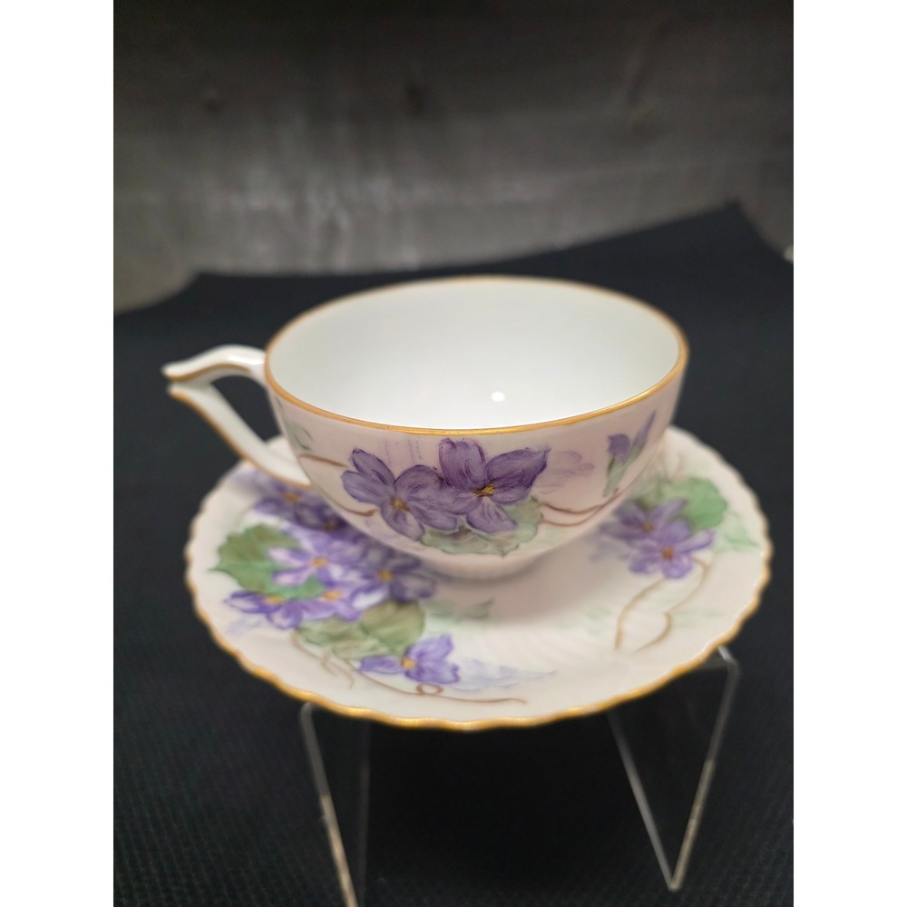 Vintage Hand Painted Purple Violet Floral Porcelain Tea Cup and Saucer Set Gold - Picture 6 of 9